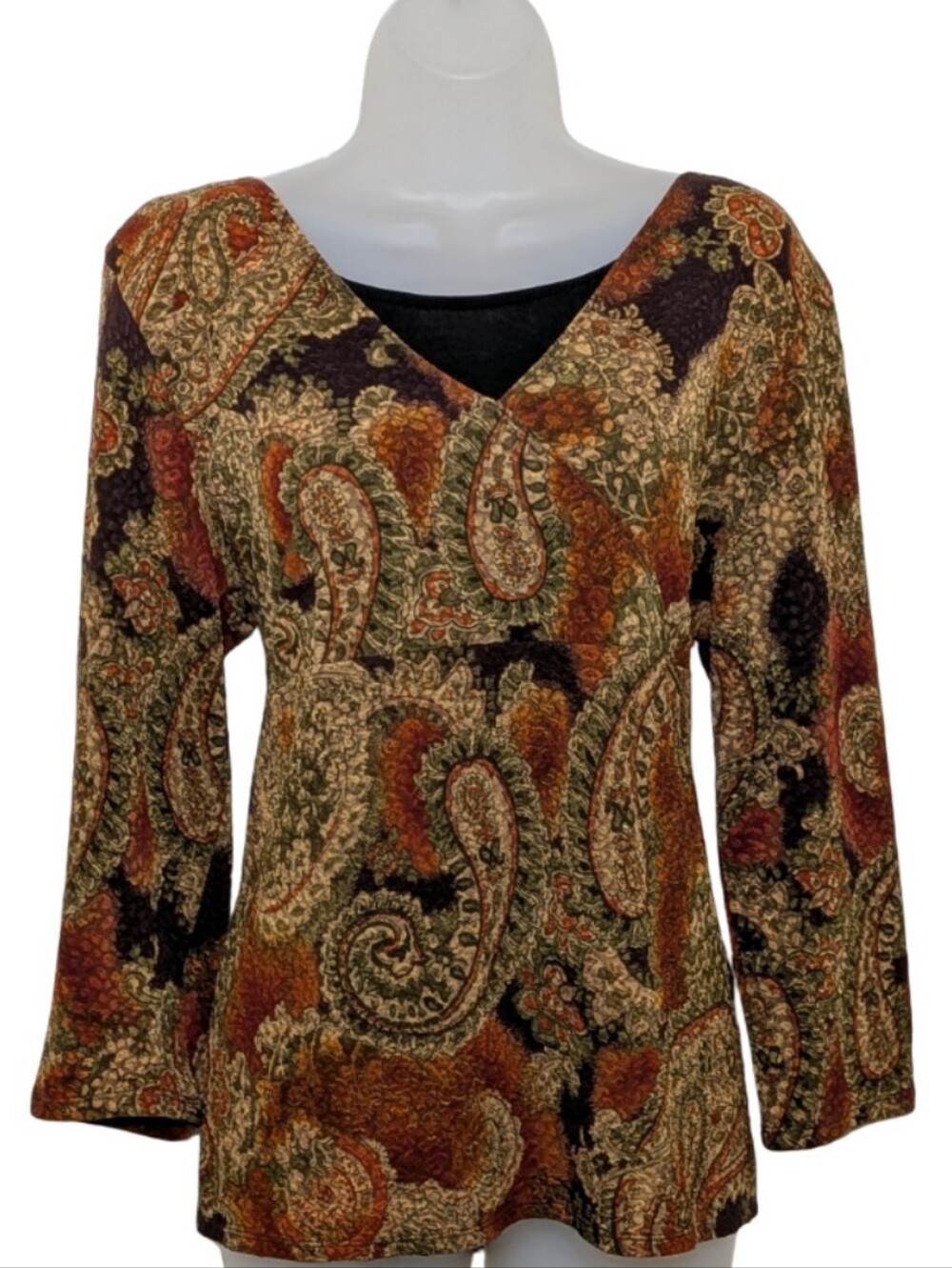 Vintage | JM Collection | Brown Textured Paisley Print Top | Surplice Top | Boho